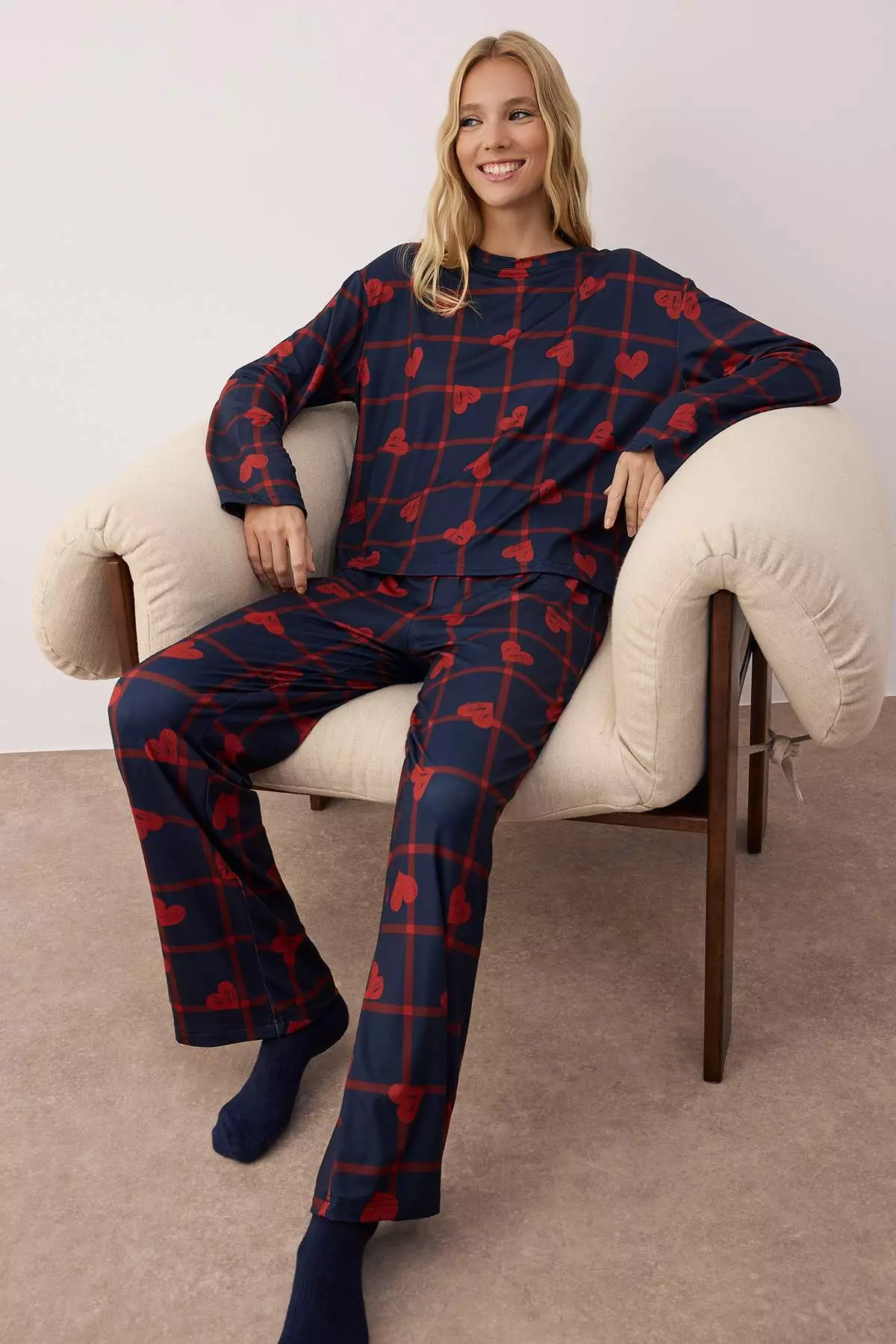 Navy Blue Heart Soft Touch Knitted Pajama Set