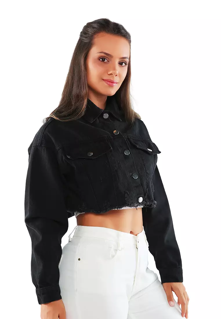 Black ripped cropped denim jacket on sale