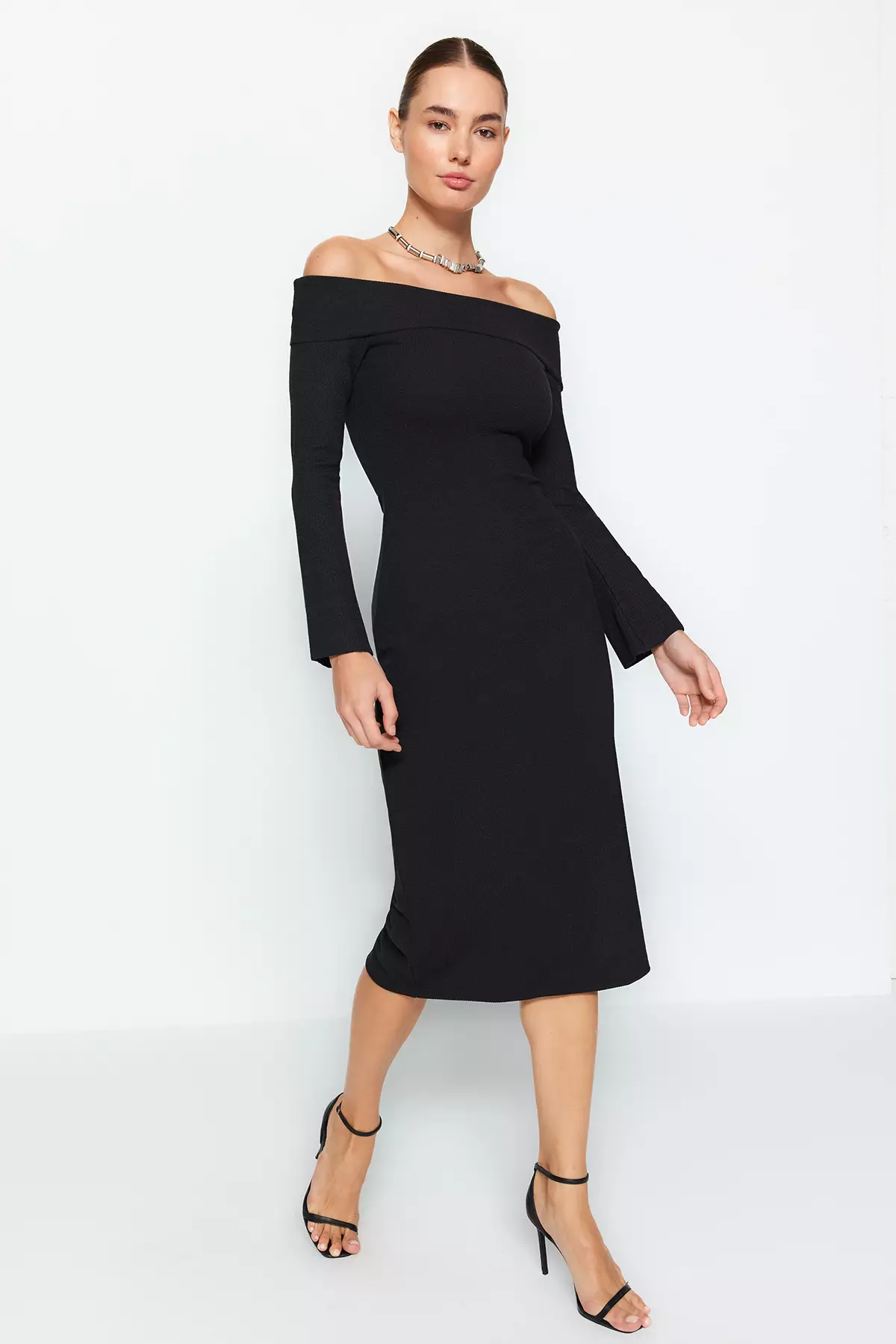 Fitted Off Shoulder Midi Dress