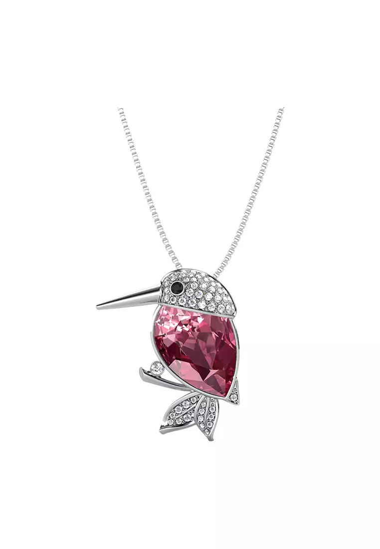 2 ways Pendant & Brooch Bird Feathered Friend Pink WG - Kalung & Bros Crystal Premium Luvea Collection