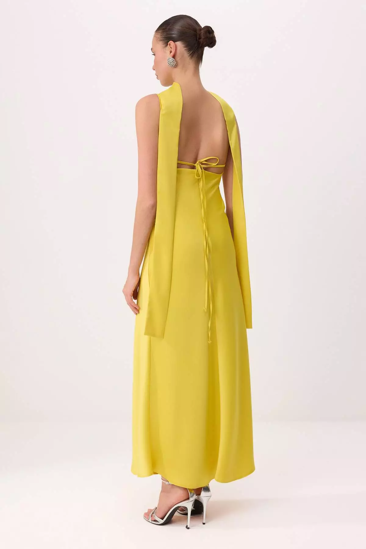 Light Yellow Plain Scarf Woven Satin Maxi Lined Stylish/Evening Dress
