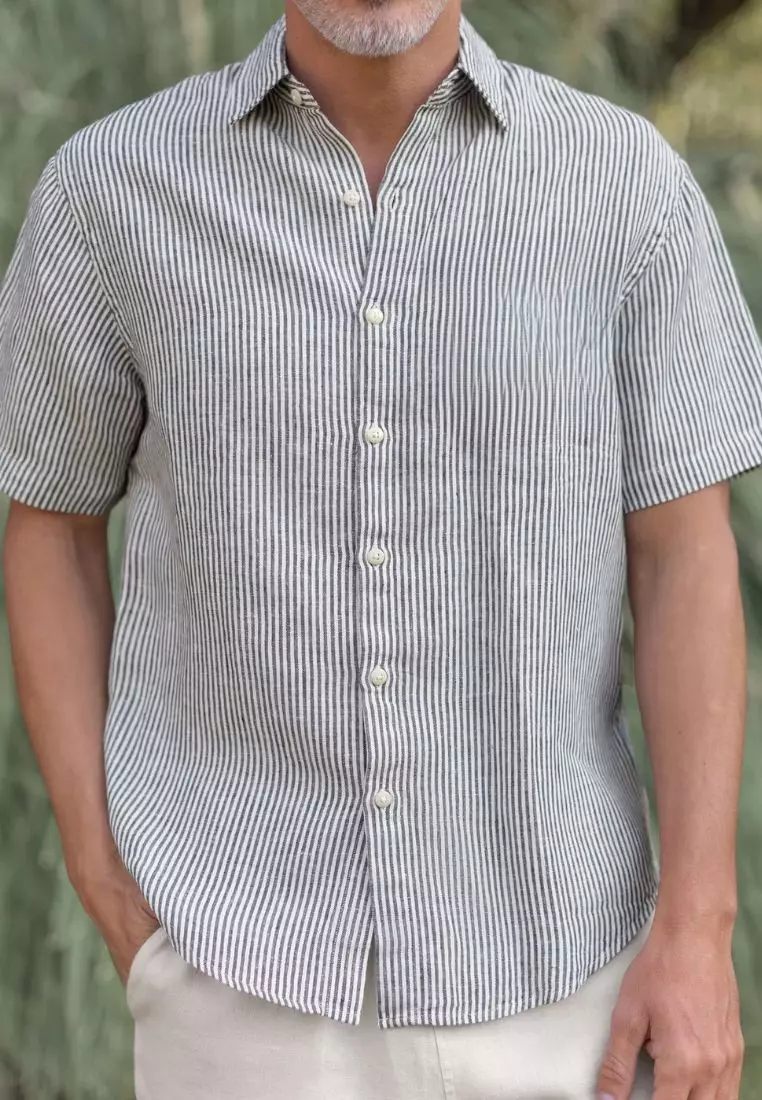Cobalt Kemeja Linen Lengan Pendek Pria Abu Garis | Linen Short Sleeve Shirt Men Striped Grey