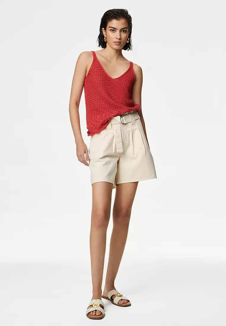 Denim Pleat Front Belted Shorts