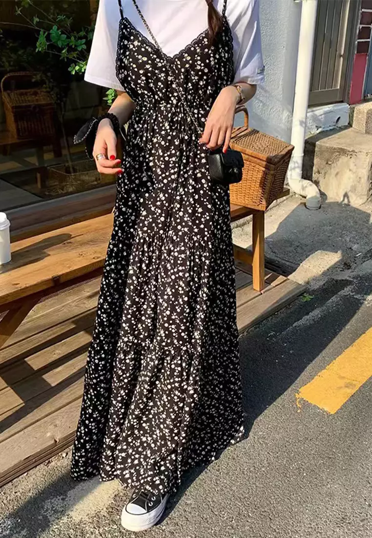 Vintage V-neck patchwork lace camisole dress  CA25032721BK