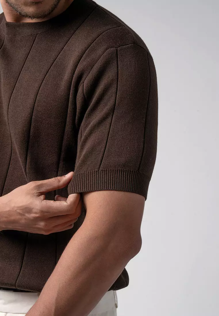 Mens Striped Knitted T-Shirt Cotton Dark Brown SS