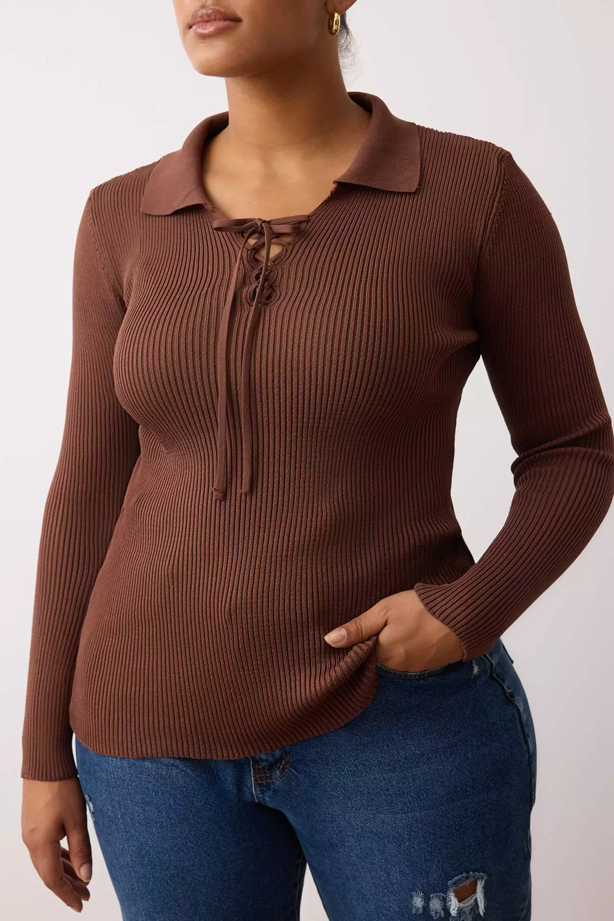 Brown Polo Neck Ribbed Slim Knitwear Blouse Tbbaw26Af00001