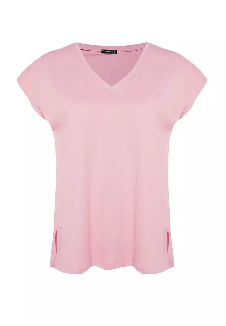 Pink Boyfriend V Neck Slit 100% Cotton Knitted T-Shirt TBBSS22BF0036