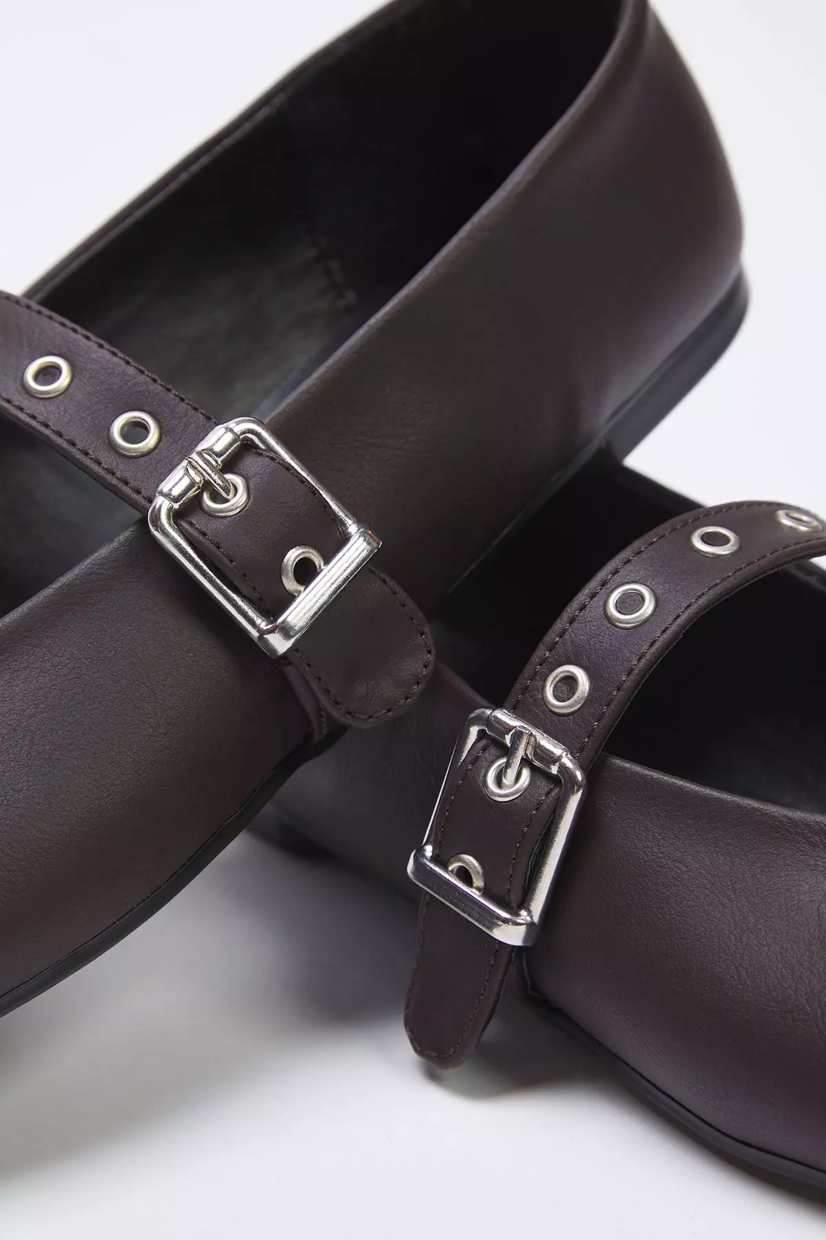 Dark Brown Eyelet Belt Almond Toe Mary Jane Women's Ballerinas Takss25Be00044
