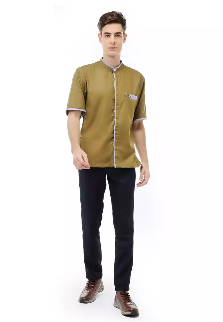 Dwan Atasan Formal Pria Kemeja Koko Polos Lengan Pendek Material Cotton ORIGINAL - Army