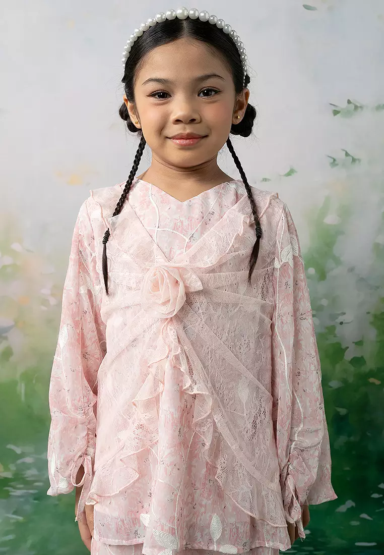 Rosé Embroidered Kurung with Lace Set
