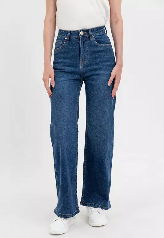 Ladies Wide Leg Denim Jeans Medium Blue