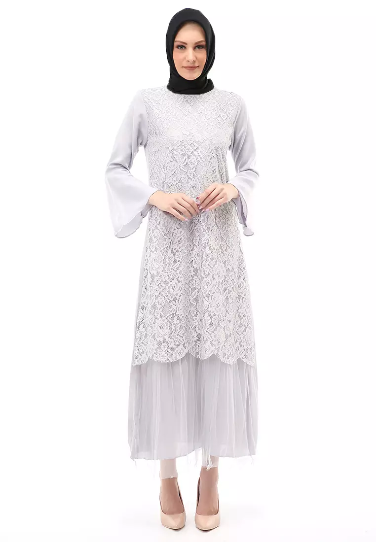 Regita Gamis Brukat Muslimah Wanita Long Dress Regular Fit - Abu
