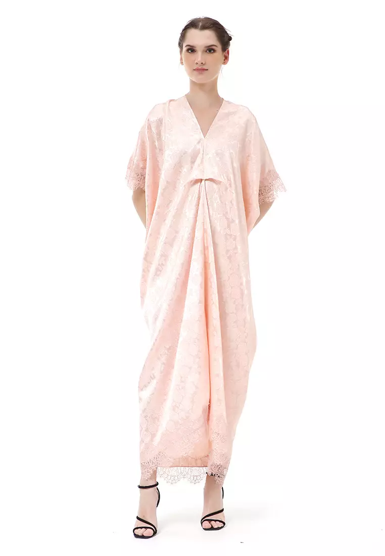 Rachel Dress Wanita Long Kaftan Traditional Motive Material Jaguar ORIGINAL - Peach
