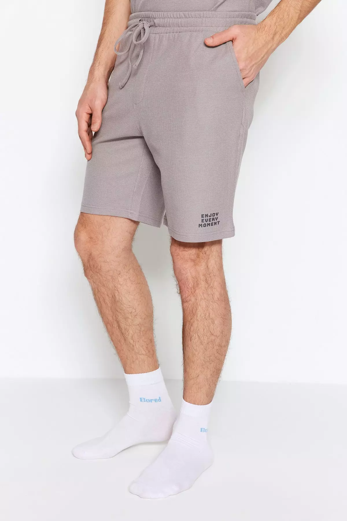 Gray Regular Fit Knitted Shorts Pajamas Set Tmnss23Pt00032