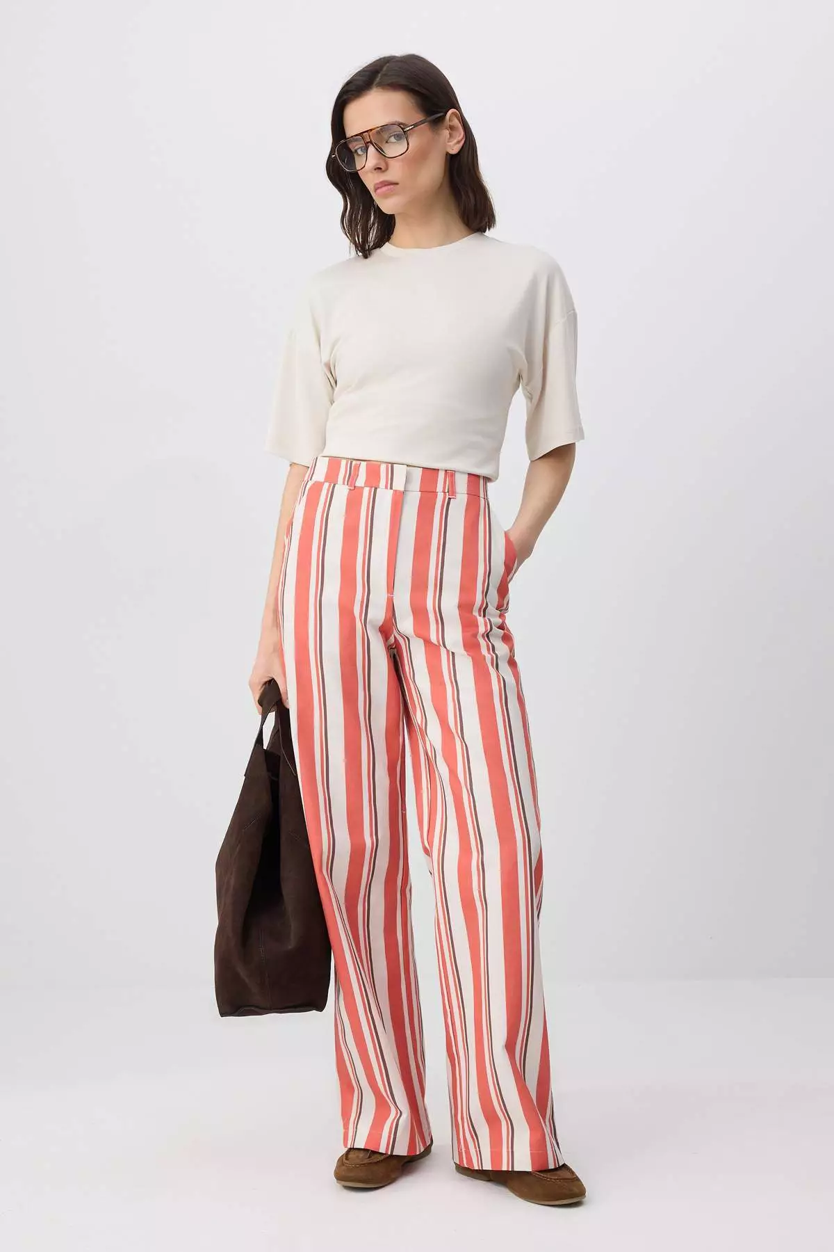 Red-Multicolored Gabardine Striped Patterned Wide Leg /Wide Leg Trousers Twoss26Pl85