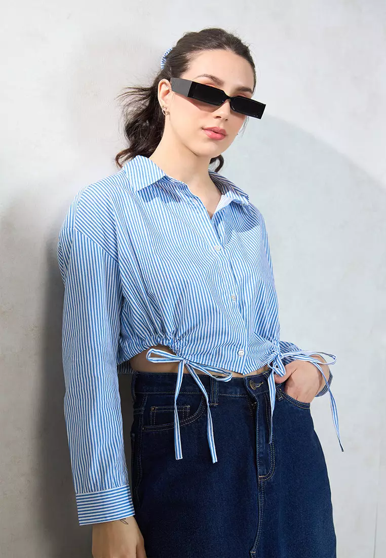 VIRGIO 100% Cotton Relaxed Tie Hem Striped Shirt