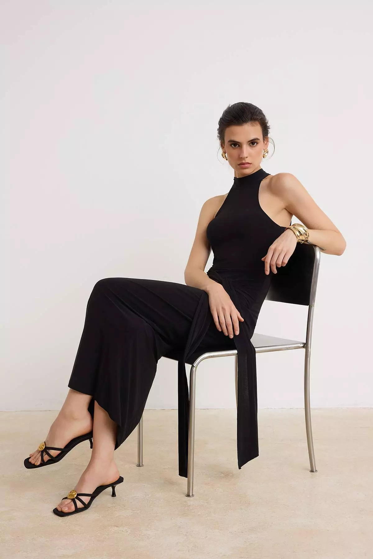 Black Belt Detailed Halter Neck Bodycone/Fitted Stretchy Maxi Knitted Dress Twoss25El00689