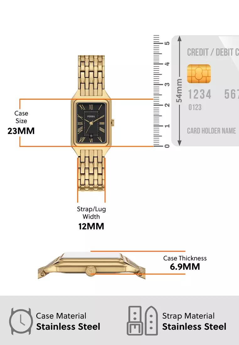 Fossil Women's Raquel Analog Watch ( ES5434 ) - Quartz, Gold Case, Rectangular Dial, 12 MM Gold Stainless Steel Band