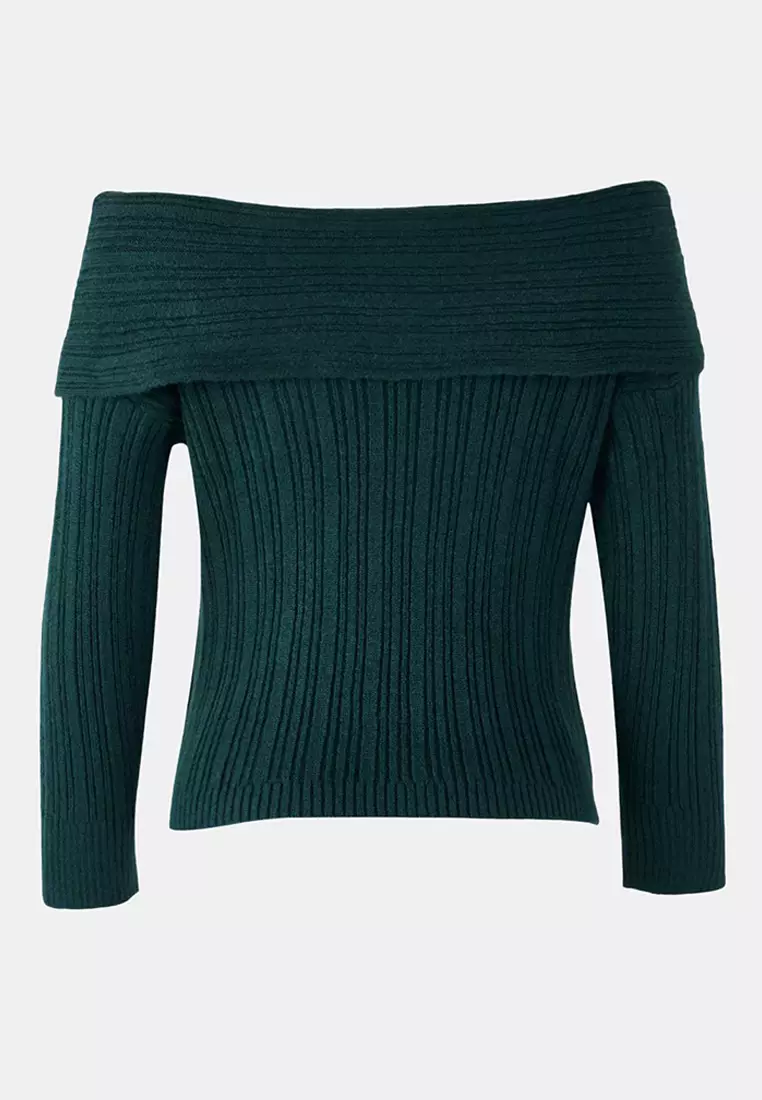 Emerald Green Soft Textured Carmen Collar Knitwear Sweater