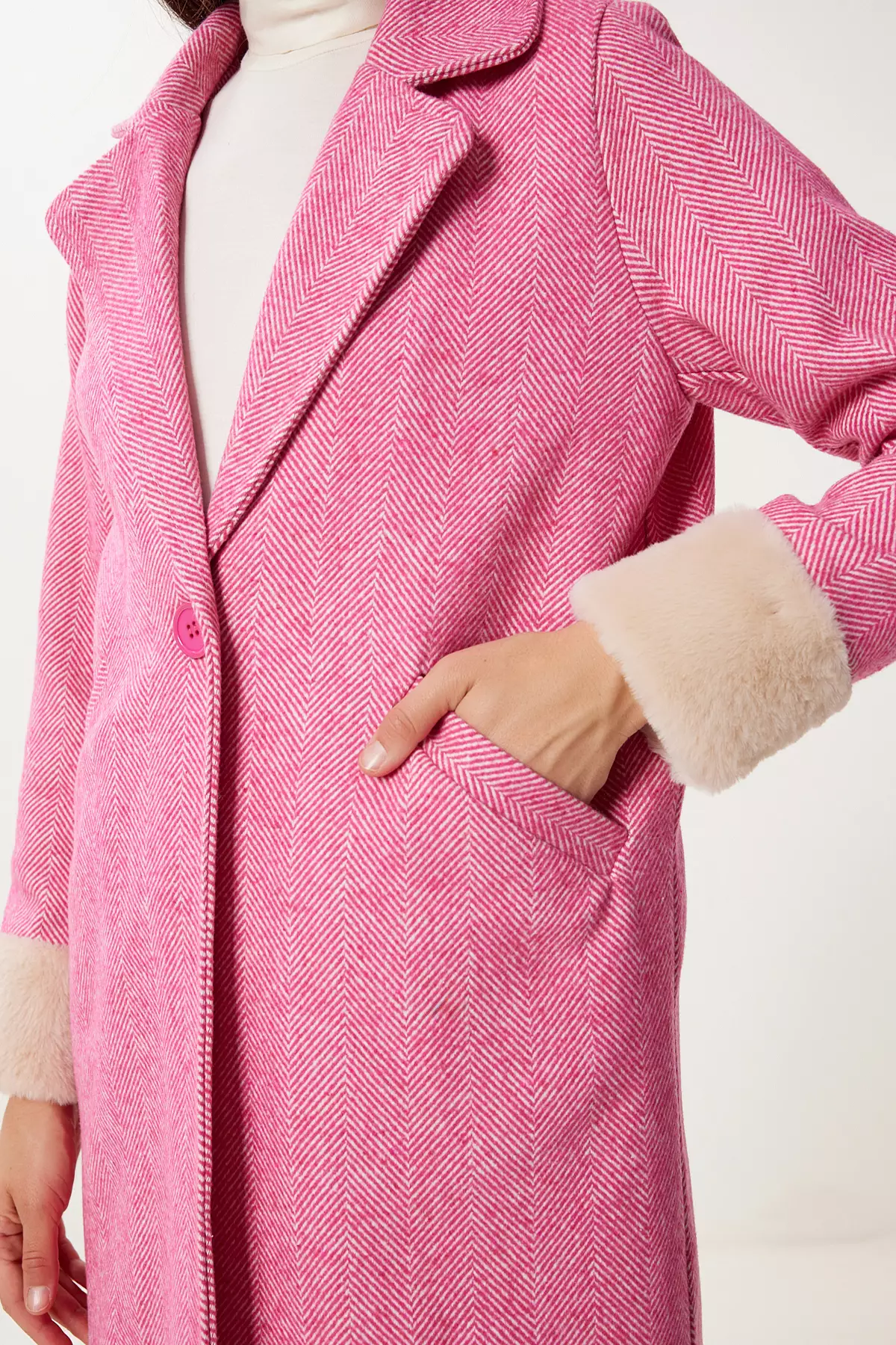 Women's Green Double Breasted Collar Fur Cashmere Coat Dd01367