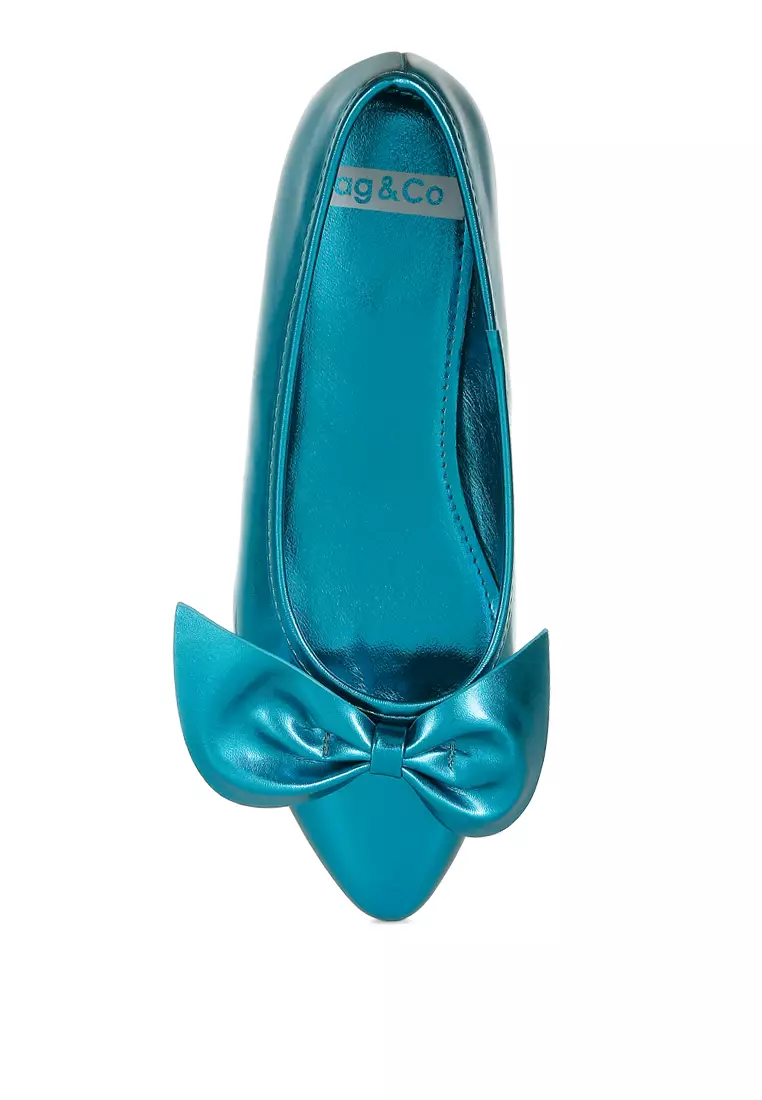 Metallic Pleather Bow Ballerinas in Blue