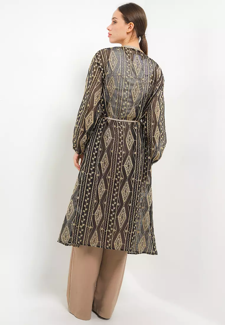 Ethnic Emb Linen Outer W/ Gold Tassel Belt