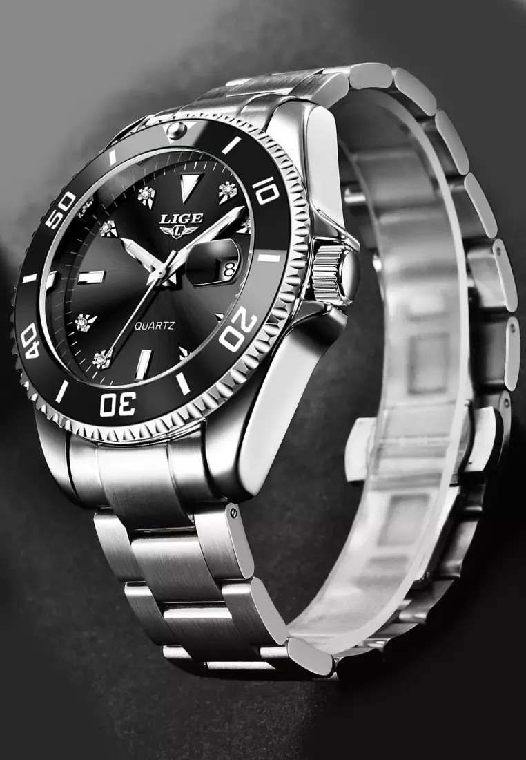 Unisex Classic Diver's Stainless Steel Quartz Watch, Stainless Steel Bracelet