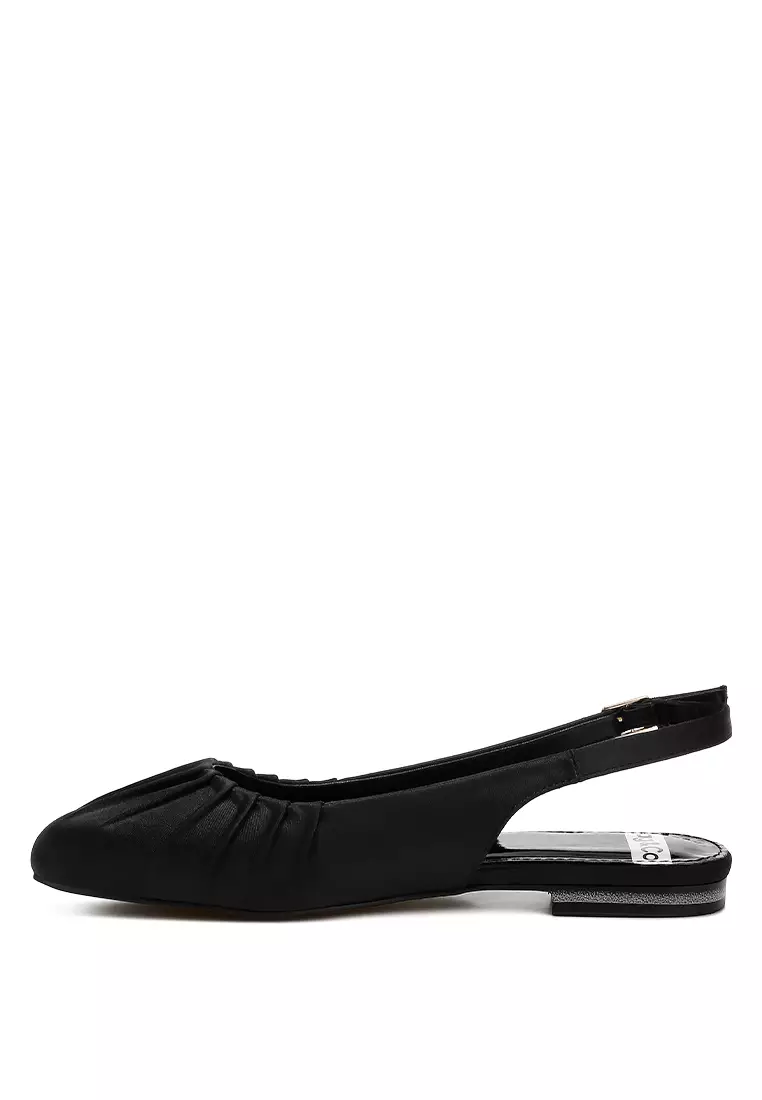 Satin Square Toe Flat Slingback in Black