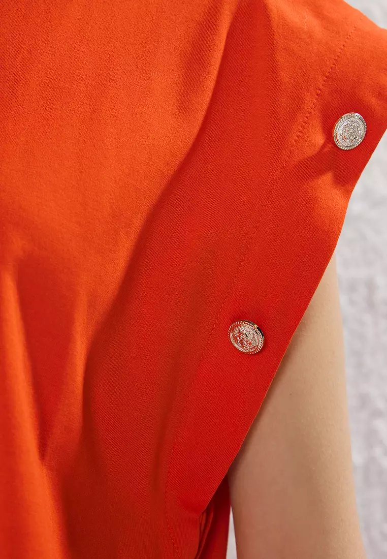 Orange Staple Detail Relaxed Crew Neck Knitted T-Shirt With Padded Look