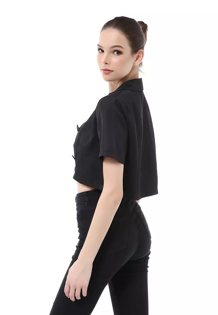 Myra Blazer Wanita Lengan Pendek Simple Design Motif Polos Material Cotton ORIGINAL - Black