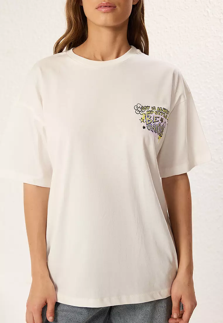 Ekru Oversize/Wide Pattern Front Back Printed Knitted T-Shirt