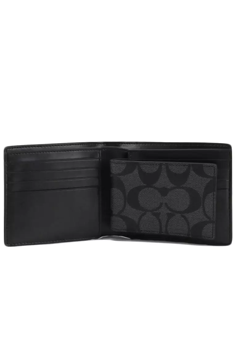 Coach Mens 3 In 1 Wallet In Signature Canvas With Varsity Stripe - Charcoal/Denim/Chalk