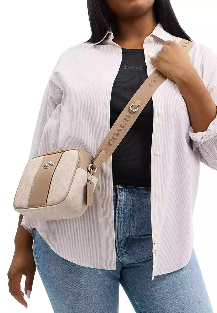 Jamie Camera Bag In Signature Canvas With Stripe Sand/Taupe CZ185