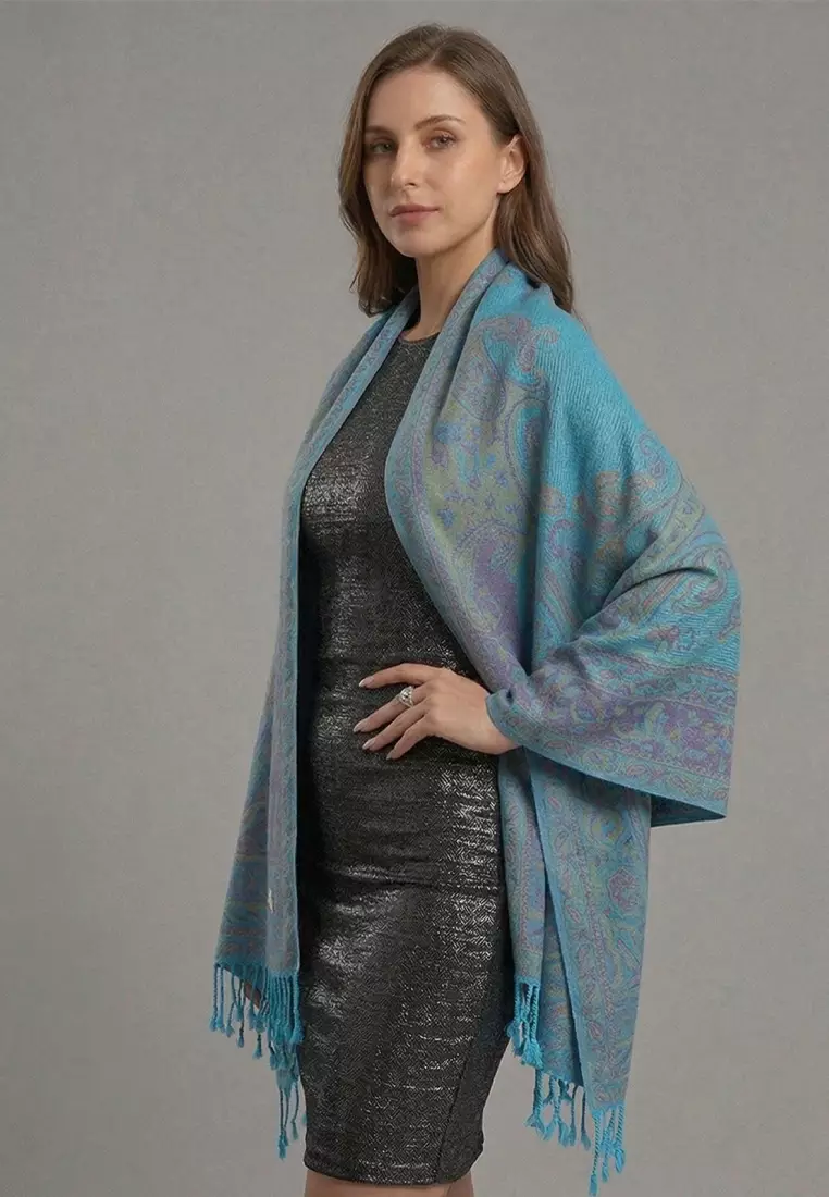 Aksesoris Wanita Reversible Viscose Full Paisley Pattern Pashmina Shawl Syal Wanita Teal Blossom