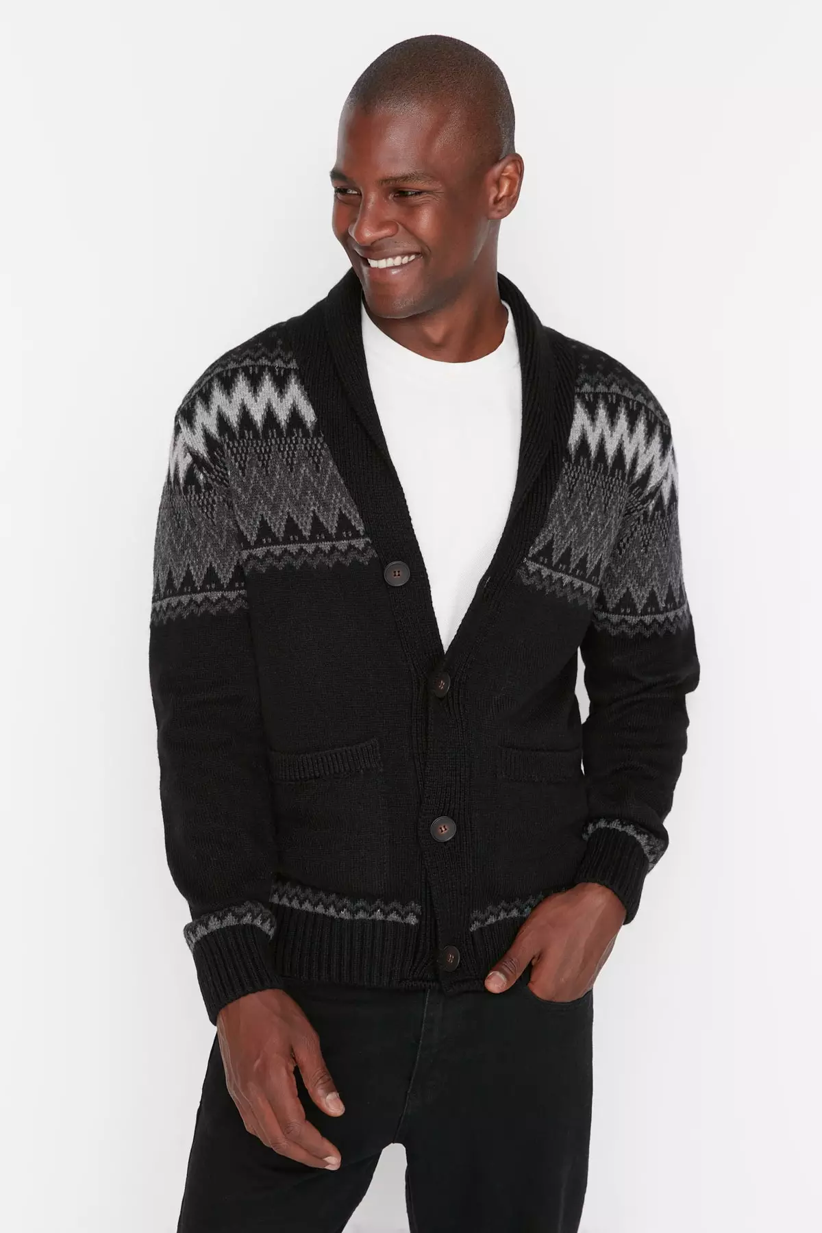 Buy Trendyol Black Men's Slim Fit Shawl Collar Jacquard Knitwear