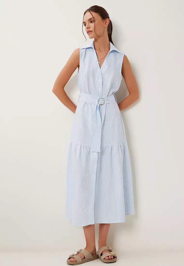 Women's Blue Bone Striped Belted Midi Shirt Dress Rg00069