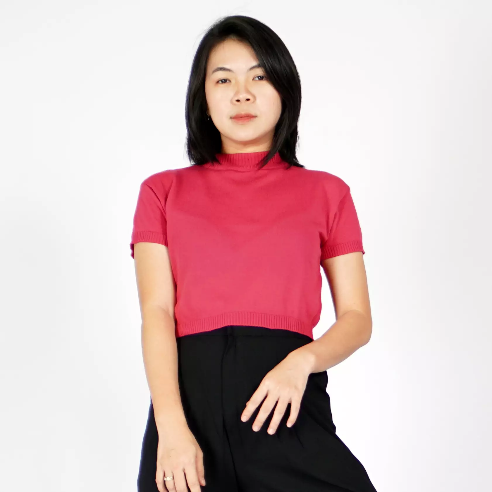  IVONE KNIT CROP TOP Wanita Crop Tee CropTop Top Knit Korean - Fuchsia