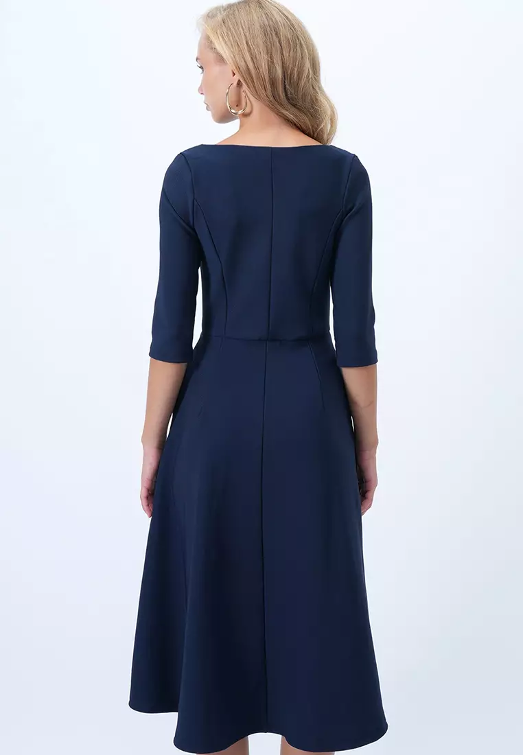 Boat Neck Flared Midi Dress