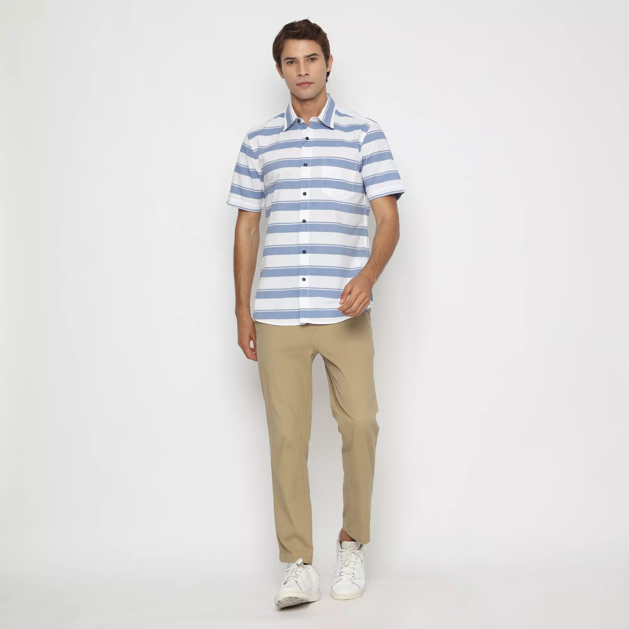 Platini Kemeja Motif Salur Pria Lengan Pendek Katun Biru 73477