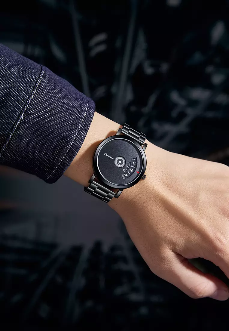 Jam Tangan Pria Quartz Kalender Kasual Tali Stainless Steel Jam Tangan Cowok 3173