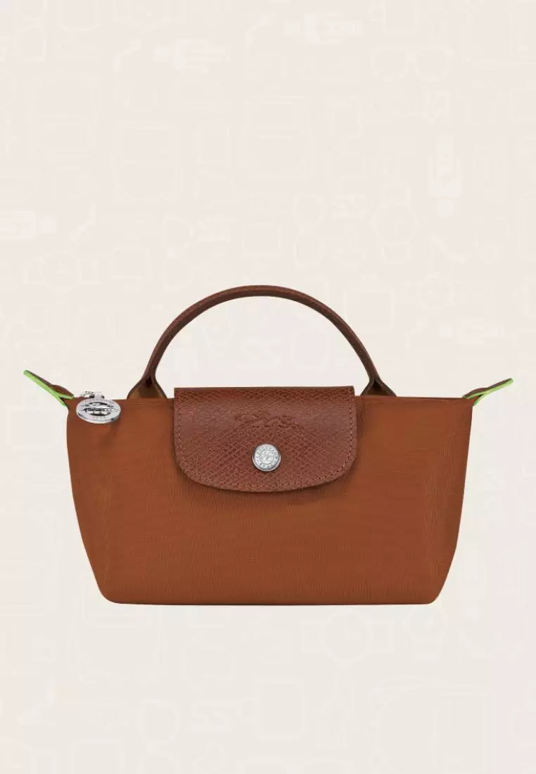 Longchamp Le Pliage Green Pouch With Handle Cognac