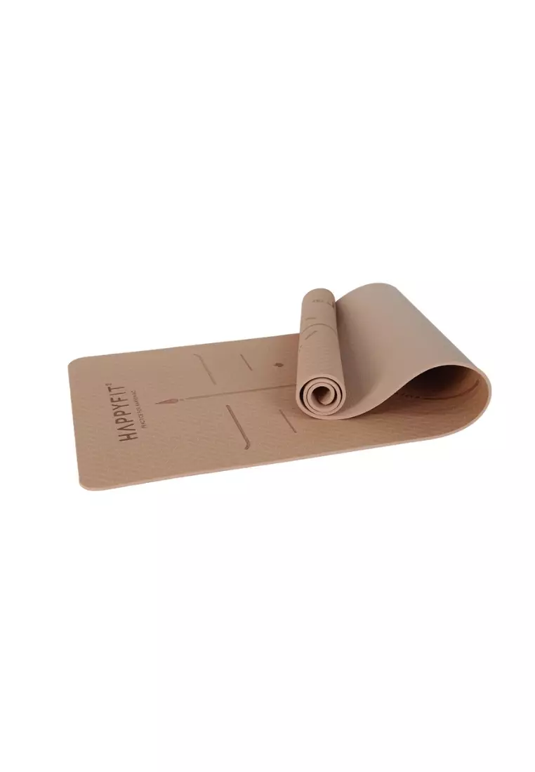 HAPPYFIT Yoga Mat Asana TPE 8mm Free Strap Coffee