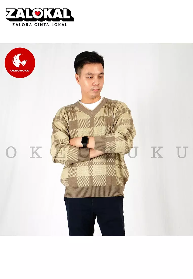  KINAN Knit Sweater Rajut Pria V Neck Motif Kotak - Mocca