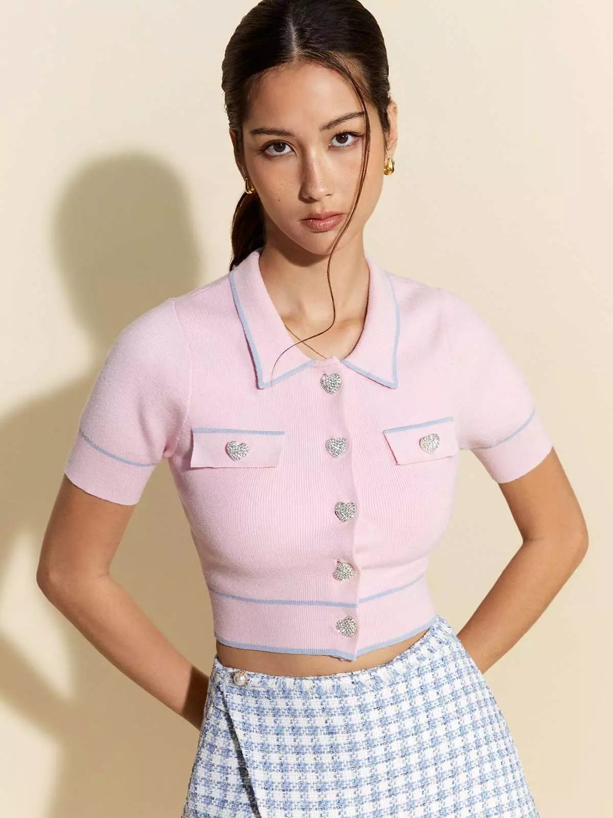 Heart-Shaped Button Knit Crop Top - Pink