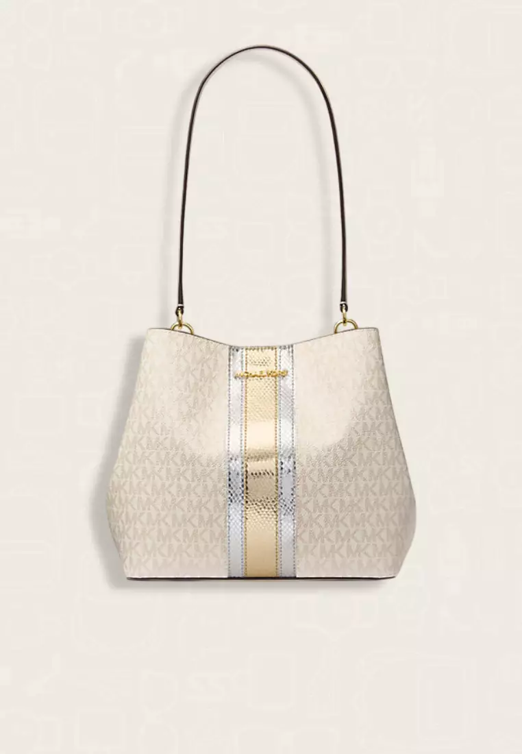 Michael Kors Pratt Medium Signature Logo and Metallic Shoulder Bag Pale Gold