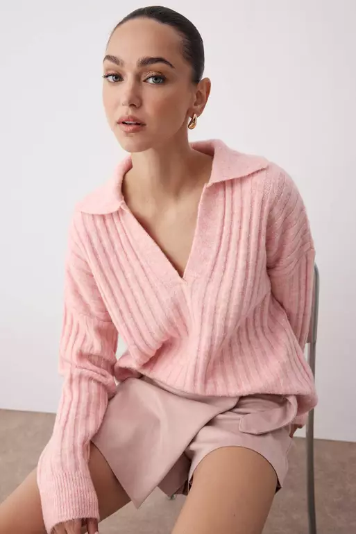 Powder Soft Textured Polo Neck Knitwear Sweater