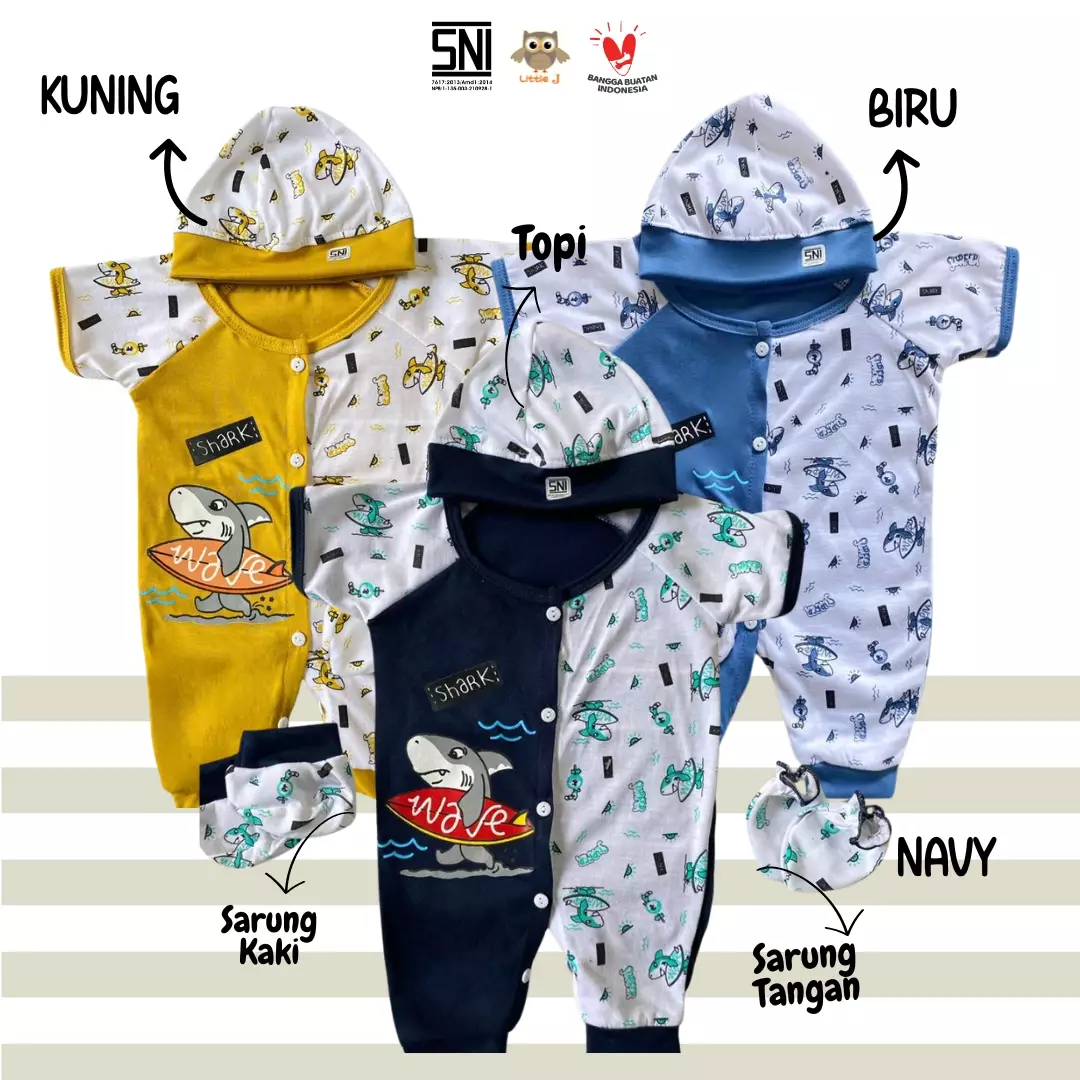 Little J - (1957) Romper Bayi 4in1 Motif Shark Setelan Bayi Newborn 0-9 Bulan Baju Bayi Laki-Laki Set Topi Sarung Tangan Kaki