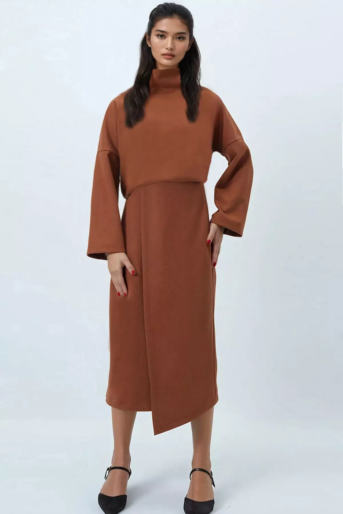 Women'S Cinnamon Brown Stand Collar Wide Cut Blouse And Asymmetric Wrap Midi Skirt Kaşmi Takm Alc-X14443