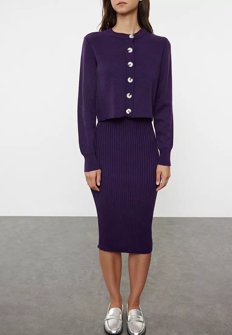 Purple Midi Knitwear Basic Cardigan Dress Twoss23El00738