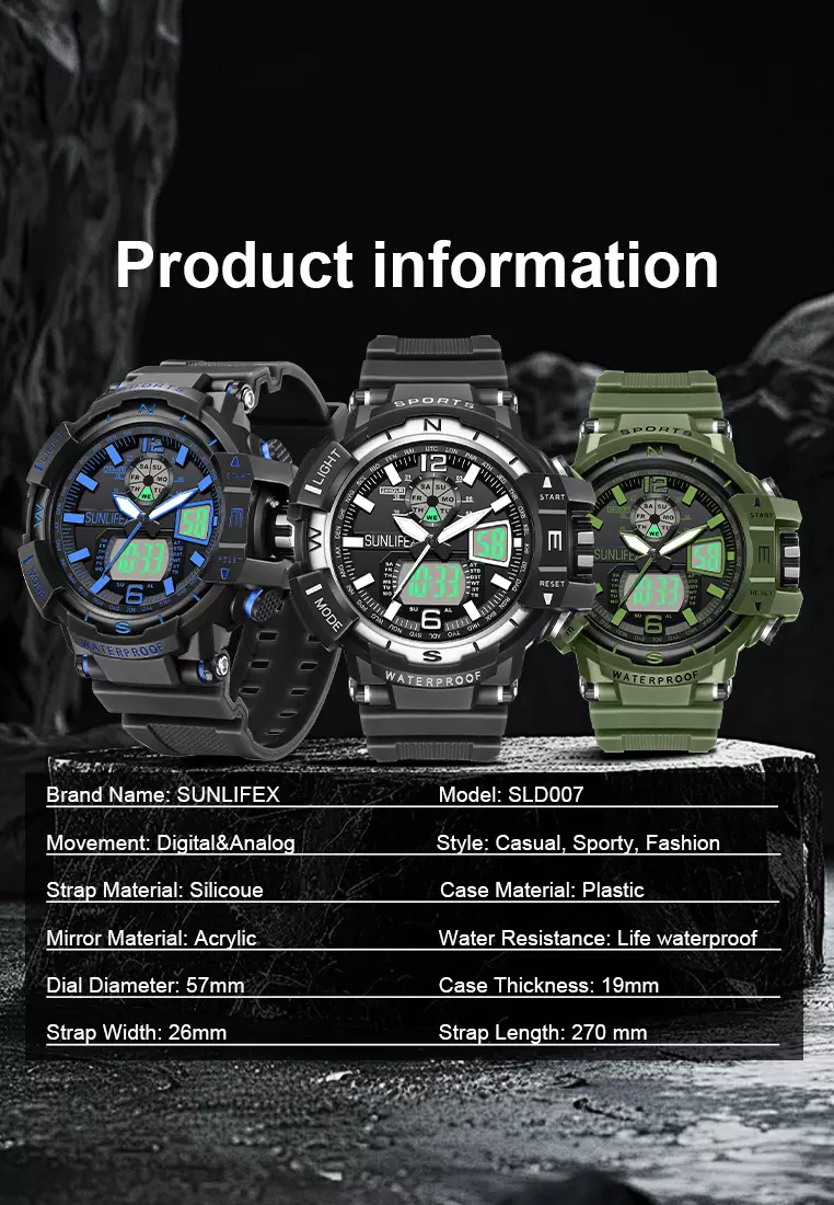 Jam Tangan Pria Digital&Analog Olahraga Bercahaya Multifungsi Alarm Jam Tangan Cowok D007 greenblack